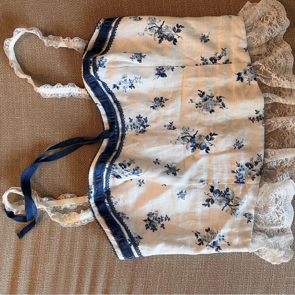Reformation Blue and White Floral Lace Trim Top